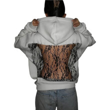 Women'S Pullover Sweatshirts Casual Long Sleeve Crystal Mesh Back Hoodie with Pocket Lace White S