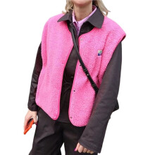 Female Fleece Sleeveless Jacket Warm Outerwear with Pockets Rose Red M