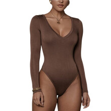 Women'S Long Sleeve Bodysuit Deep V Neck Tummy Control Shapewear Thong Bodysuit for Going Out Brown L