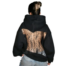 Women'S Pullover Sweatshirts Casual Long Sleeve Crystal Mesh Back Hoodie with Pocket Black Lace XS