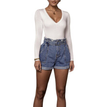 Women'S Long Sleeve Bodysuit Deep V Neck Tummy Control Shapewear Thong Bodysuit for Going Out White L