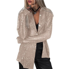 Women'S Sequins Long Sleeve Collared Shirt Button Down Open Front Shirt Loose Blouses Shirst Tops Apricot Silver L