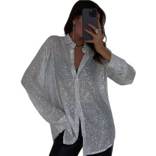 Women'S Sequins Long Sleeve Collared Shirt Button Down Open Front Shirt Loose Blouses Shirst Tops White M