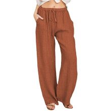 Women'S Cotton Linen Drawstring High Waisted Pants Casual Loose Fit Wide Leg Trousers Orange L