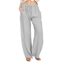 Women'S Cotton Linen Drawstring High Waisted Pants Casual Loose Fit Wide Leg Trousers Light Gray M