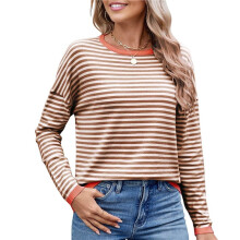 Women'S Casual Striped Crewneck Sweaters Color Block Long Sleeve Knitted Sweater Tops Khaki Orange XL