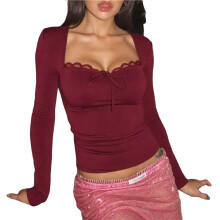 Female Sheer Mesh Lace Trim Tops Long Sleeve Square Neck Going Out Top Date Night Out Outfits Wine Red L