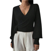 Women'S Casual V Neck Wrap Sweater Pullover Long Sleeve Slim Fit Knit Crop Top Sweater Black S