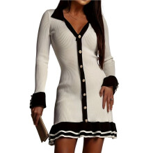 Female Long Sleeve Ruffle Hem Knit Sweater Dress Collared Back Tie Knot Cut Out Bodycon Dress Black & White XL