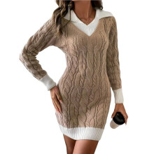 Female Cable Knit Sweater Dress V Neck Long Sleeve Preppy Color Block Pullover Tunic Sweaters Khaki M