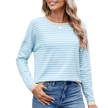 Women'S Casual Striped Crewneck Sweaters Color Block Long Sleeve Knitted Sweater Tops Apricot Color XL