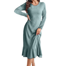 Long Sleeve Fall Dress for Women Casual Crew Neck Midi Long Ribbed Knit Ruffle Swing Maxi Dress Grayish S
