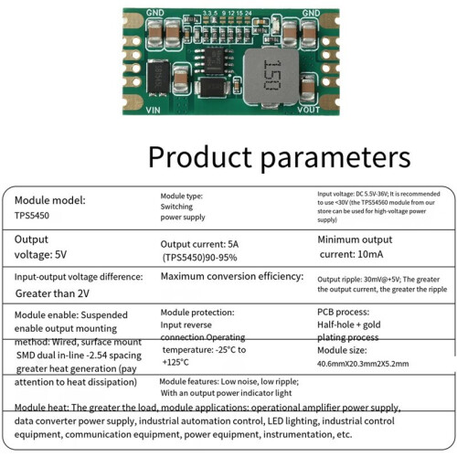 TPS5450 5A Bucks Switching Power Supply Module - DC5.5V-36V Voltage Output Step-Down Board Low Ripple 2