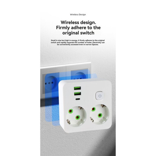 EU Plug Outlet 2 Sockets Multitap Wall Power Strip Electrical Socket No Extension Cord with 2 USB 1 Type-C  2500W 1