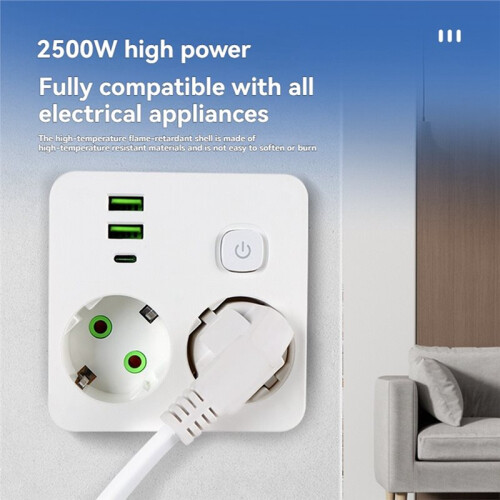EU Plug Outlet 2 Sockets Multitap Wall Power Strip Electrical Socket No Extension Cord with 2 USB 1 Type-C  2500W 2