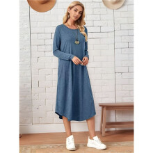 Damen Lockeres, Lässiges Kleid mit Rundhalsausschnitt und Langen Ärmeln, Midikleid mit Schrägen Taschen und Abgerundetem Saum Marineblau S