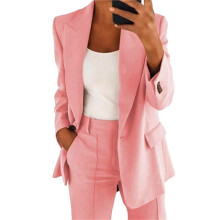 Damen 2-Teiliges Outfit, Übergröße, Business-Casual, Lange Ärmel, Revers-Oberteil, Gerades Bein, Hosenanzug Rosa XL