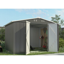(10X8FT, Grey) BIRCHTREE Outdoor Garden Shed Steel Apex Roof Tool With Doors Window Foundation