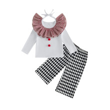 (5-6 Years, White) Baby Girls Fall Outfit Poms Tops and Checkerboard Pants Striped Doll Collar
