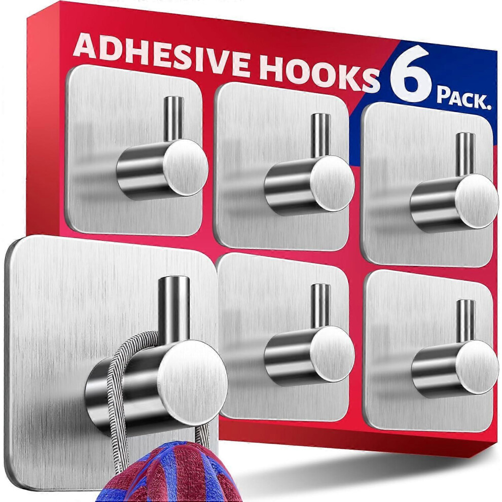 Self Adhesive Hooks, Set Of 6 Strong Stick On Hooks, Sticky Hooks For Hanging Items - Door Hooks, Coat Hooks Silver 6 Pack 3523678352648