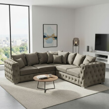 (Grey, 5 Seater Corner) Aston Scatter Back Plush Velvet Sofa 2 & 3 Seater, 3+2 Set, 5 Seater Corner Sofa Set