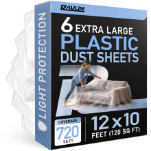 Raulde 6 Pack Extra Large Plastic Dust Sheets for Decorating 3.6 x 3m (12 x 10ft), Light Dust Sheet for Painting & Furniture - Plastic Sheet - Plasti