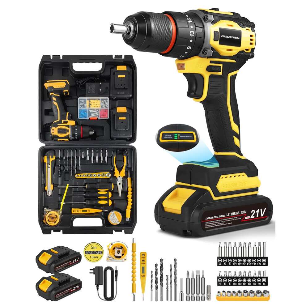 Maxesla 115Pcs Cordless Drill Set 21V, 25+3 Torque Brushless Combi Drill With 2 * 2000Mah, 45N.m Max Electric Screwdriver Kit, 2 Variable Speed, Led 5002794076204