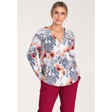 Dame sommerskjorte - V-hals skjorte - M1070 hvid med blomster størrelse XL