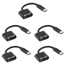 5X 2 In1 Type-C to 3.5mm Headphone Jack Adaptor/Connector Charger, Earphone Aux Audio & Charge Adaptor Black