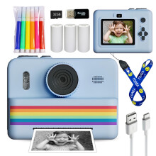 (Blue) kids instants camera with 32GB memory card&color pencil, dual cameras, flashlight, the perfect gift for boys and girls.