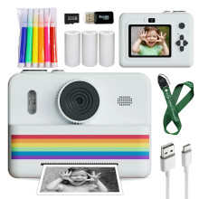 (White) kids instants camera with 32GB memory card&color pencil, dual cameras, flashlight, the perfect gift for boys and girls.