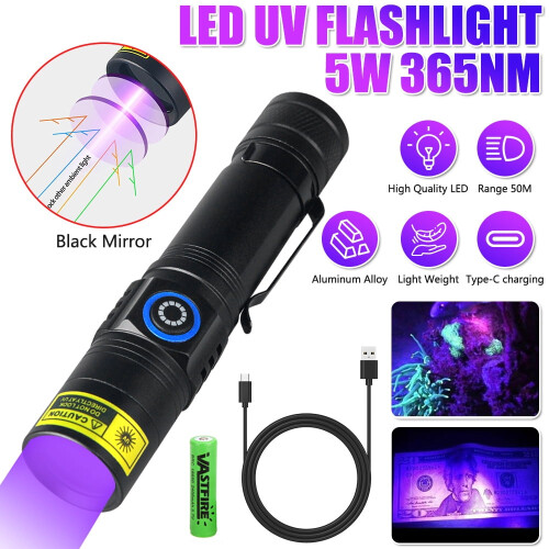 Φακός LED VASTFIRE UV365nm, επαναφορτιζόμενος, λάμπα ξύλου, με ανίχνευση φθορισμού χειρός