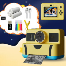 (yellow) Instant Print Camera for Children Suitable for girls and boys aged 4 and above, featuring a dual-lens camera with a 32GB memory