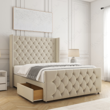 (5ft King(No Drawers), Cream(with Mattress)) Florida Divan Double Bed with 54” Headboard, Mattress & 2 Drawers Luxury Storage Bed
