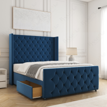 (4ft Small Double(2 Drawers), Blue(with Mattress)) Florida Divan Double Bed with 54” Headboard, Mattress & 2 Drawers Luxury Storage Bed