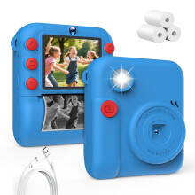 (Blue) Kids Camera 1080P HD with Mini Thermal Printer Video Recorder Instant Print Photo Gift for Children