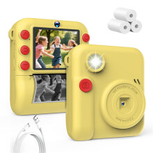 (Yellow) Kids Camera 1080P HD with Mini Thermal Printer Video Recorder Instant Print Photo Gift for Children