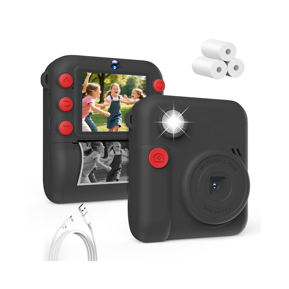 (Black) Kids Camera 1080P Hd With Mini Thermal Printer Video Recorder Instant Print Photo Gift For Children Black 4048712630180