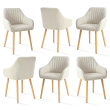 (Beige, Set of 6) GOEURVANT Modern Dining Chairs with Armrests, Nordic Fabric Accent Chair with Solid Wood Legs