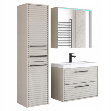 Væghængt badeværelsessæt med håndvask, spejl, søjle, MDF-front, bølge, beige med LED
