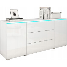 Modern, 150 cm-es fiókos komód a nappaliba, 3 fiókkal, 2 szekrényel, fényes fehér