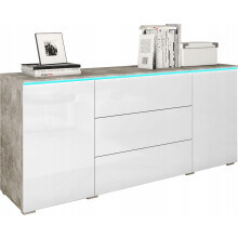 Modern 150 cm-es fiókos komód a nappaliba, 3 fiók, 2 szekrény, Beton, Fehér fényes felület