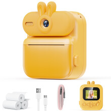 (Yellow) Kids Camera Instant Print 16x Cat Design 1080 HD Digital Camera Rabbit Toy Shape Christmas Birthday Gift for Children Age 3-12