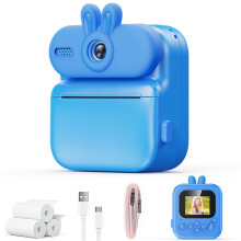 (Blue) Kids Camera Instant Print 16x Cat Design 1080 HD Digital Camera Rabbit Toy Shape Christmas Birthday Gift for Children Age 3-12