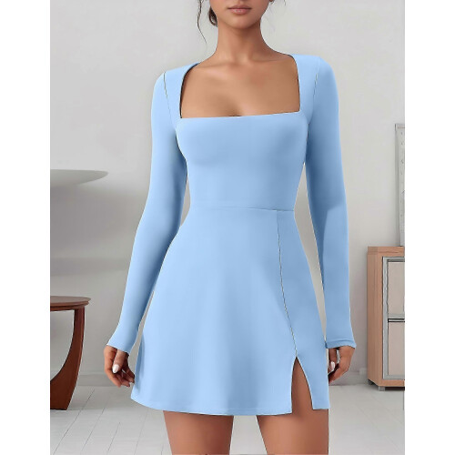 Square Neck Bodice Dress Light Blue S 2