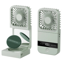 (green) 3-Speed Portable Handheld Fan with LED Makeup Mirror USB Rechargeable Mini Folding Desk Fan Outdoor Travel Summer Cooling