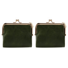 2X Women's Short Wallet Bifold Retro Multifunction Coin Purse with Zip and Kiss Lock Green