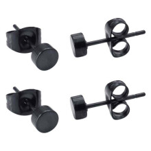 3mm Round Ear Studs, 4Pcs (2 Pair) - Stainless Steel - for Men - Color Black - with Gift Bag