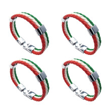 4X Jewelry Bracelet, Italian Flag Bangle, Leather Alloy, for Men's Women, Green White Red (Width 14 mm, Length 23 cm)