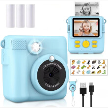 (Blue) 1080P HD Video Camera Portable Instant Print Camera for Kids with 3 Rolls Photo Paper and 32GB Card Perfect Toy Toddlers